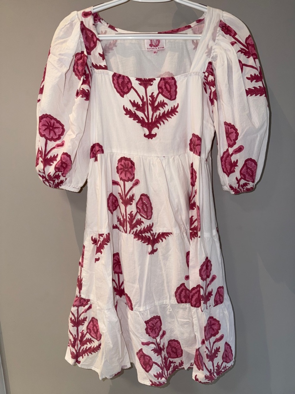 Victoria Dunn White Dress with Rose Pink Floral Embroidery